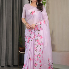 Blush Pink Satin Georgette Floral Printed Saree with Attached Blouse – Soft Cherry Blossom Designer Drape