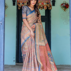 Rust & Blue Handloom Cotton Saree with Classical Dancer Motif and Patchwork Digital Print