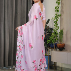 Blush Pink Satin Georgette Floral Printed Saree with Attached Blouse – Soft Cherry Blossom Designer Drape