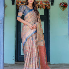 Rust & Blue Handloom Cotton Saree with Classical Dancer Motif and Patchwork Digital Print