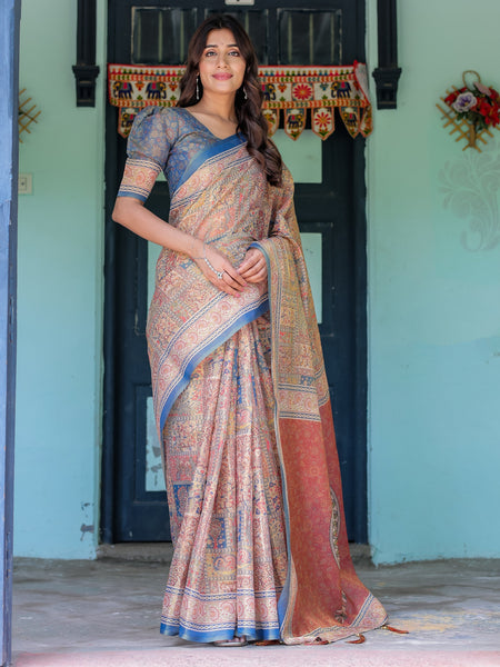 Rust & Blue Handloom Cotton Saree with Classical Dancer Motif and Patchwork Digital Print