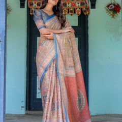 Rust & Blue Handloom Cotton Saree with Classical Dancer Motif and Patchwork Digital Print
