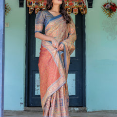 Rust & Blue Handloom Cotton Saree with Classical Dancer Motif and Patchwork Digital Print