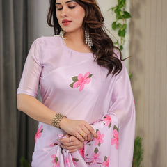 Blush Pink Satin Georgette Floral Printed Saree with Attached Blouse – Soft Cherry Blossom Designer Drape