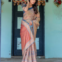 Rust & Blue Handloom Cotton Saree with Classical Dancer Motif and Patchwork Digital Print