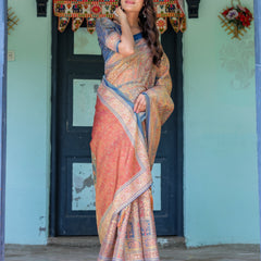 Rust & Blue Handloom Cotton Saree with Classical Dancer Motif and Patchwork Digital Print