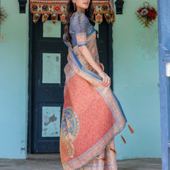 Rust & Blue Handloom Cotton Saree with Classical Dancer Motif and Patchwork Digital Print