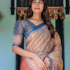 Rust & Blue Handloom Cotton Saree with Classical Dancer Motif and Patchwork Digital Print