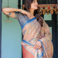 Rust & Blue Handloom Cotton Saree with Classical Dancer Motif and Patchwork Digital Print