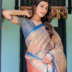 Rust & Blue Handloom Cotton Saree with Classical Dancer Motif and Patchwork Digital Print