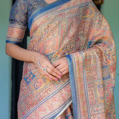 Rust & Blue Handloom Cotton Saree with Classical Dancer Motif and Patchwork Digital Print