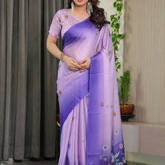 Lavender & Royal Purple Ombre Satin Georgette Floral Printed Saree with Attached Blouse – Soft Pastel Bloom Designer Drape