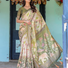 Olive Green & Ivory Handloom Cotton Saree with Lotus Blooms and Royal Elephant Motifs