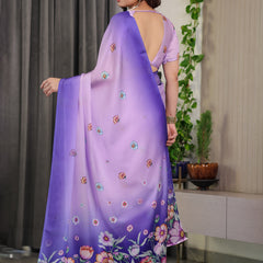 Lavender & Royal Purple Ombre Satin Georgette Floral Printed Saree with Attached Blouse – Soft Pastel Bloom Designer Drape