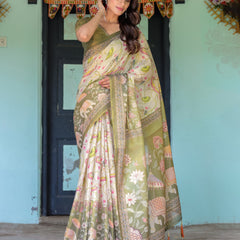 Olive Green & Ivory Handloom Cotton Saree with Lotus Blooms and Royal Elephant Motifs