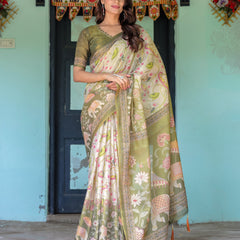 Olive Green & Ivory Handloom Cotton Saree with Lotus Blooms and Royal Elephant Motifs