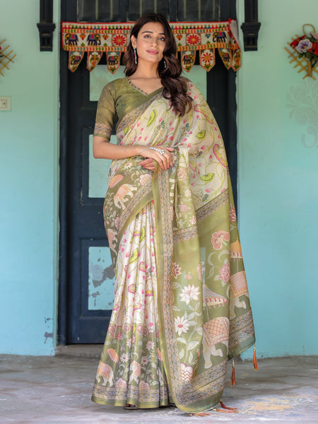 Olive Green & Ivory Handloom Cotton Saree with Lotus Blooms and Royal Elephant Motifs