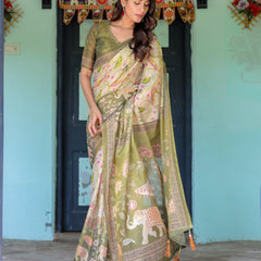 Olive Green & Ivory Handloom Cotton Saree with Lotus Blooms and Royal Elephant Motifs