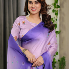 Lavender & Royal Purple Ombre Satin Georgette Floral Printed Saree with Attached Blouse – Soft Pastel Bloom Designer Drape