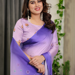 Lavender & Royal Purple Ombre Satin Georgette Floral Printed Saree with Attached Blouse – Soft Pastel Bloom Designer Drape