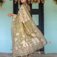 Olive Green & Ivory Handloom Cotton Saree with Lotus Blooms and Royal Elephant Motifs