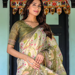 Olive Green & Ivory Handloom Cotton Saree with Lotus Blooms and Royal Elephant Motifs