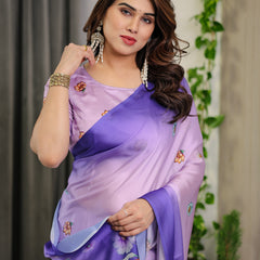 Lavender & Royal Purple Ombre Satin Georgette Floral Printed Saree with Attached Blouse – Soft Pastel Bloom Designer Drape