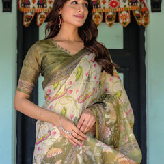 Olive Green & Ivory Handloom Cotton Saree with Lotus Blooms and Royal Elephant Motifs