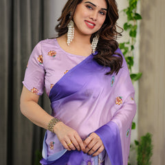 Lavender & Royal Purple Ombre Satin Georgette Floral Printed Saree with Attached Blouse – Soft Pastel Bloom Designer Drape