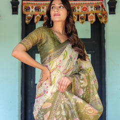 Olive Green & Ivory Handloom Cotton Saree with Lotus Blooms and Royal Elephant Motifs