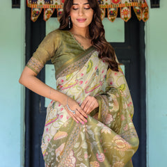 Olive Green & Ivory Handloom Cotton Saree with Lotus Blooms and Royal Elephant Motifs