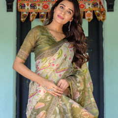 Olive Green & Ivory Handloom Cotton Saree with Lotus Blooms and Royal Elephant Motifs