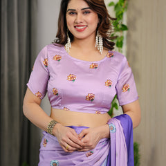 Lavender & Royal Purple Ombre Satin Georgette Floral Printed Saree with Attached Blouse – Soft Pastel Bloom Designer Drape