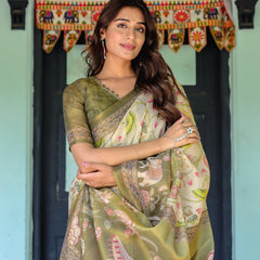 Olive Green & Ivory Handloom Cotton Saree with Lotus Blooms and Royal Elephant Motifs