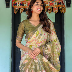 Olive Green & Ivory Handloom Cotton Saree with Lotus Blooms and Royal Elephant Motifs