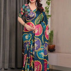 Teal Blue Satin Georgette Lotus Medallion Printed Saree with Attached Blouse – Multicolour Floral Designer Drape