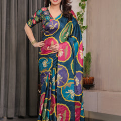 Teal Blue Satin Georgette Lotus Medallion Printed Saree with Attached Blouse – Multicolour Floral Designer Drape