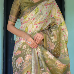 Olive Green & Ivory Handloom Cotton Saree with Lotus Blooms and Royal Elephant Motifs