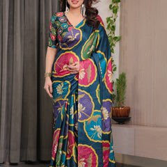 Teal Blue Satin Georgette Lotus Medallion Printed Saree with Attached Blouse – Multicolour Floral Designer Drape