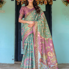 Aqua Green & Lilac Handloom Cotton Saree with Floral Vine Print & Majestic Bird Pallu