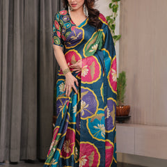 Teal Blue Satin Georgette Lotus Medallion Printed Saree with Attached Blouse – Multicolour Floral Designer Drape