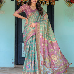 Aqua Green & Lilac Handloom Cotton Saree with Floral Vine Print & Majestic Bird Pallu