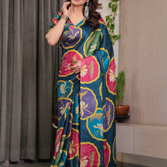 Teal Blue Satin Georgette Lotus Medallion Printed Saree with Attached Blouse – Multicolour Floral Designer Drape