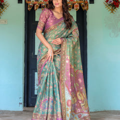 Aqua Green & Lilac Handloom Cotton Saree with Floral Vine Print & Majestic Bird Pallu