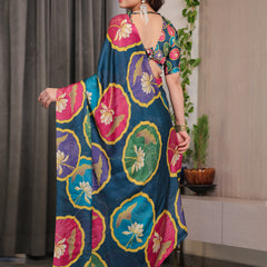 Teal Blue Satin Georgette Lotus Medallion Printed Saree with Attached Blouse – Multicolour Floral Designer Drape