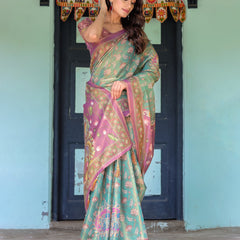Aqua Green & Lilac Handloom Cotton Saree with Floral Vine Print & Majestic Bird Pallu