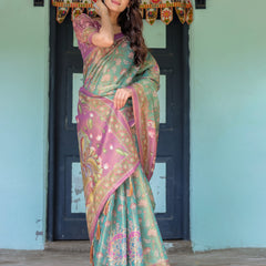 Aqua Green & Lilac Handloom Cotton Saree with Floral Vine Print & Majestic Bird Pallu