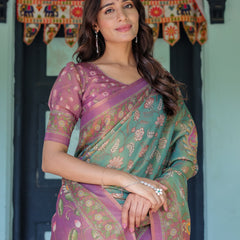 Aqua Green & Lilac Handloom Cotton Saree with Floral Vine Print & Majestic Bird Pallu
