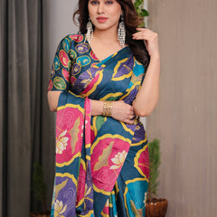 Teal Blue Satin Georgette Lotus Medallion Printed Saree with Attached Blouse – Multicolour Floral Designer Drape