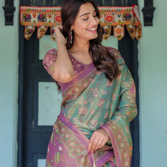 Aqua Green & Lilac Handloom Cotton Saree with Floral Vine Print & Majestic Bird Pallu